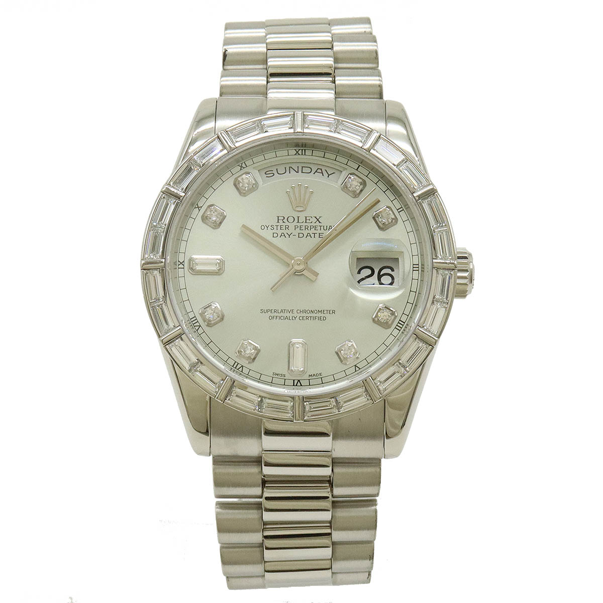 ROLEX ロレックス デイデイト シルバー文字盤 Pt プラチナ ダイヤモンド バケットダイヤ K番 メンズ AT オートマ 腕時計 118366A